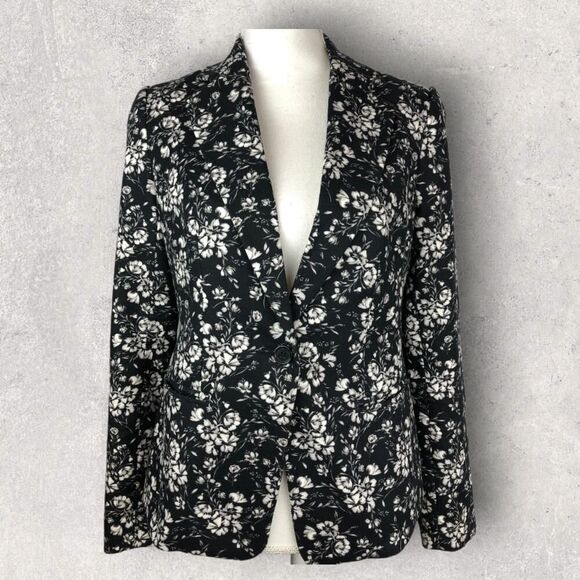 Ann Taylor Womens Black & White Floral Print 1-Button Blazer Mid Length | 14 EUC - Picture 1 of 8